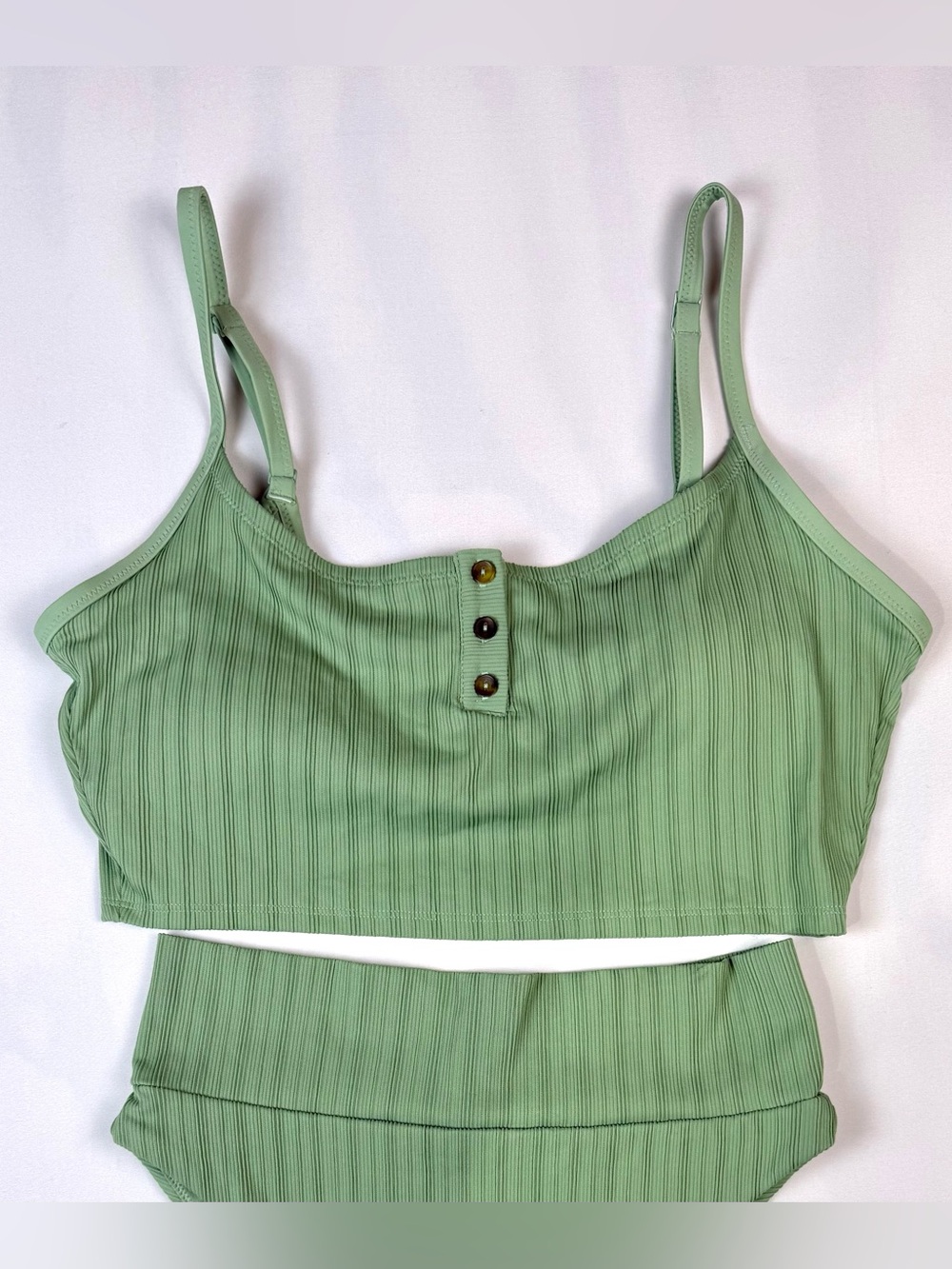 Aerie Ribbed Sage Green High Cut Cheeky Bikini Set Scoop Top Mixed Sizes M/L - Picture 3 of 12